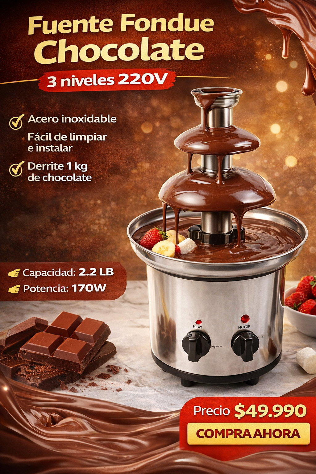 Fuente Fondue Chocolate 3 niveles 220v