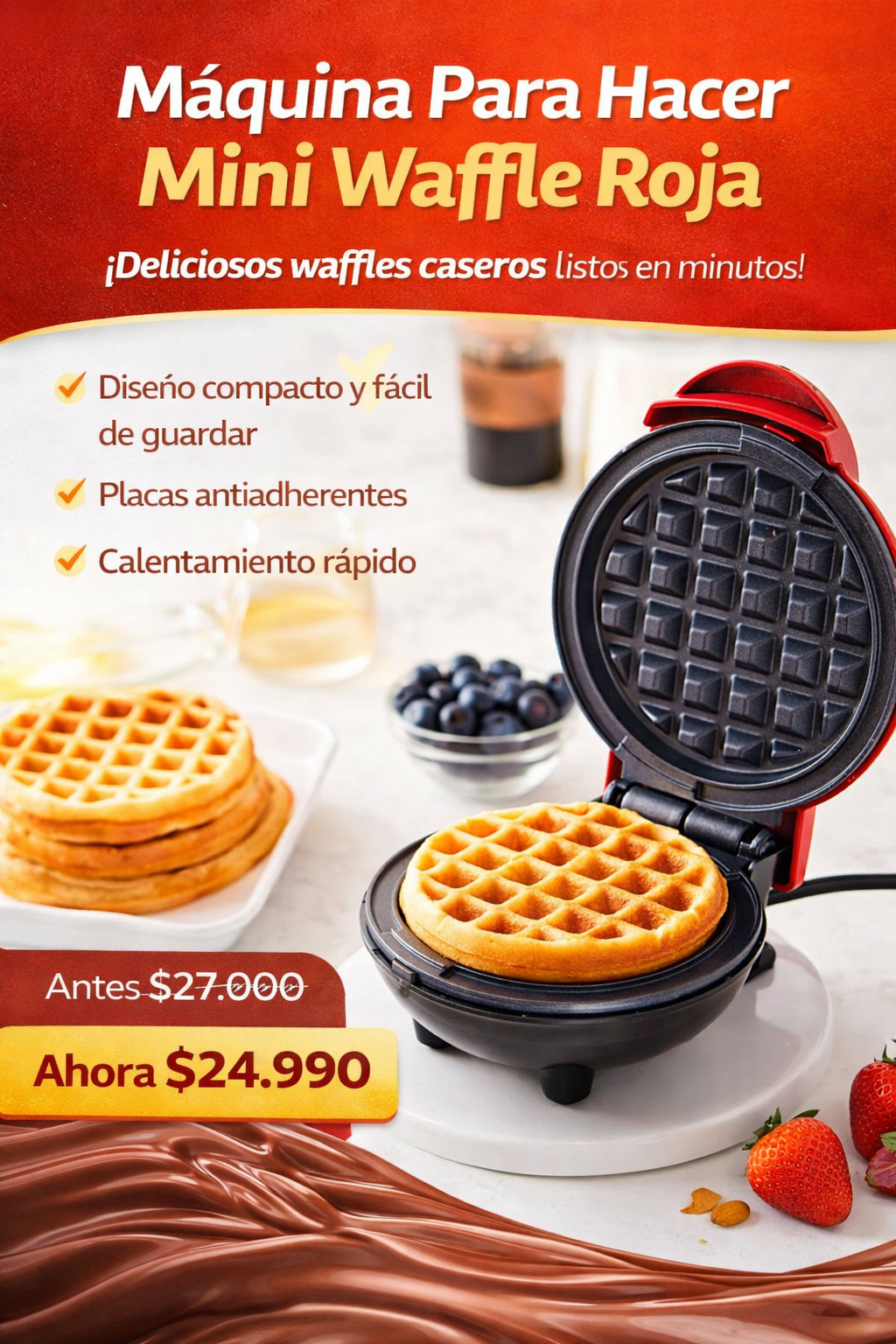 Maquina Para Hacer Mini Waffle Roja